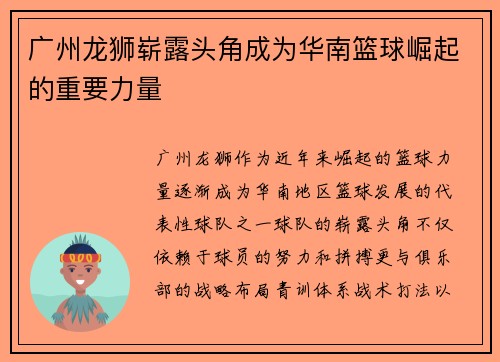 广州龙狮崭露头角成为华南篮球崛起的重要力量 广州龙狮崭露头角成为华南篮球崛起的重要力量