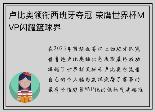 卢比奥领衔西班牙夺冠 荣膺世界杯MVP闪耀篮球界